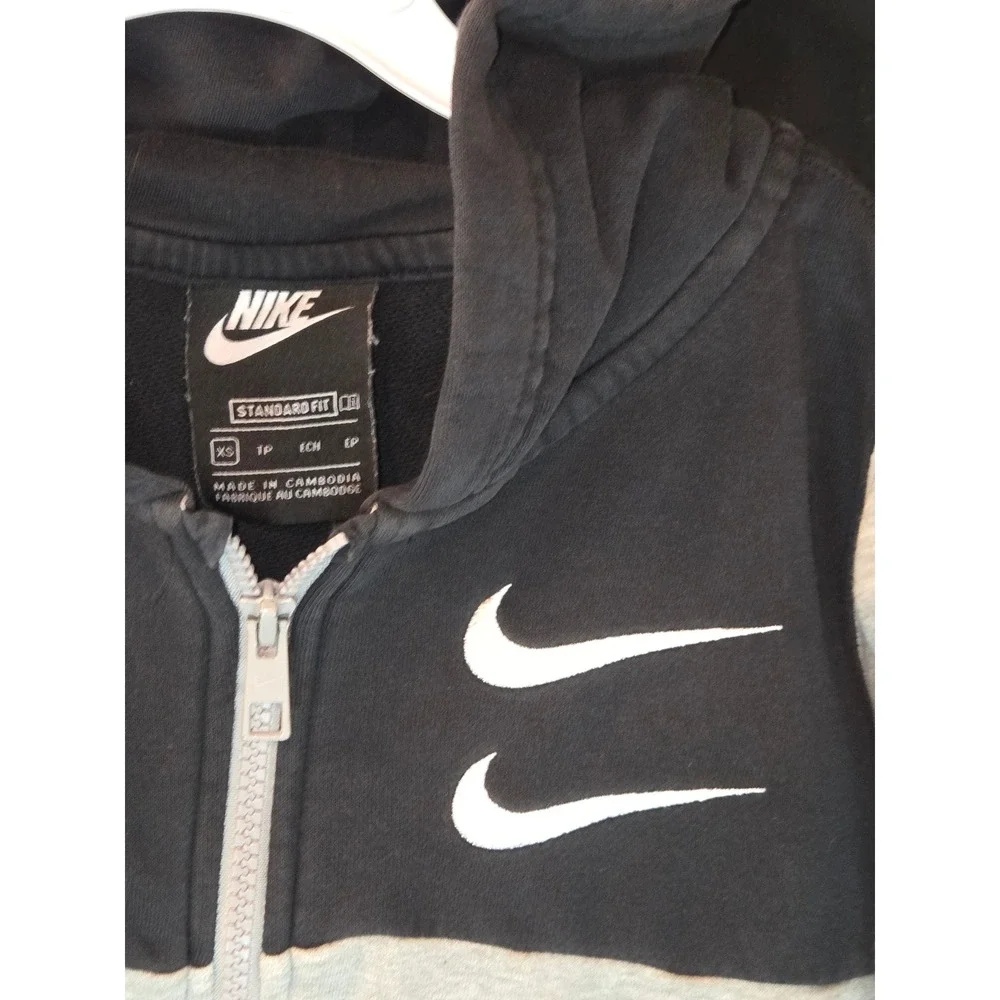 Nike Kids Gray Black Full‎ Zip Hoodie XS Double Swoosh Sweatshirt Activewear